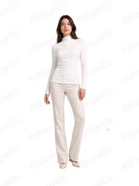 Elie Tahari Ivory Ruched Mock Neck Stretch Knit Top Pearl Detail XS